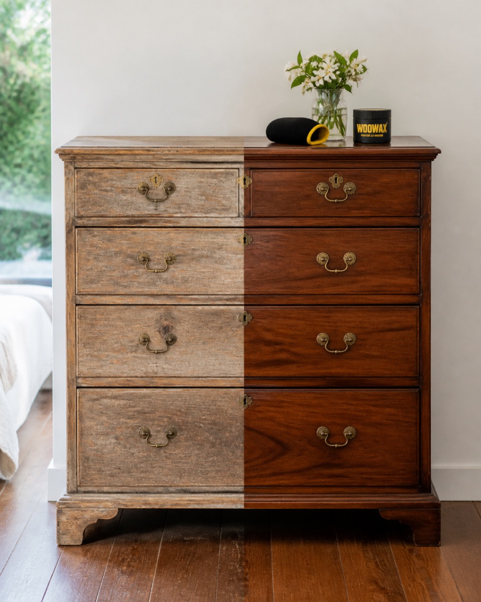 Cómoda de madera con cajones: la mitad izquierda opaca y gastada, la mitad derecha con color y brillo