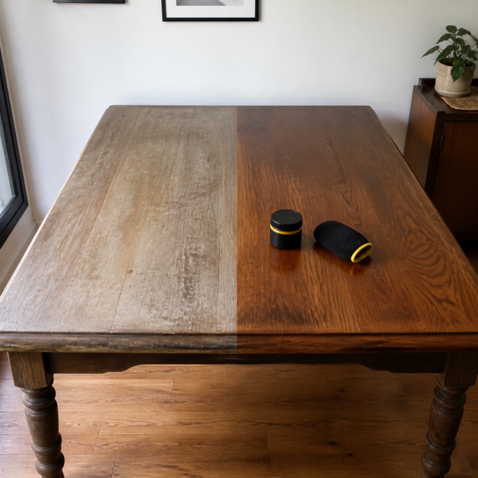 Mesa de comedor de madera: la mitad izquierda opaca y gastada, la mitad derecha con color y brillo, con el tarro de cera y el guante aplicador encima