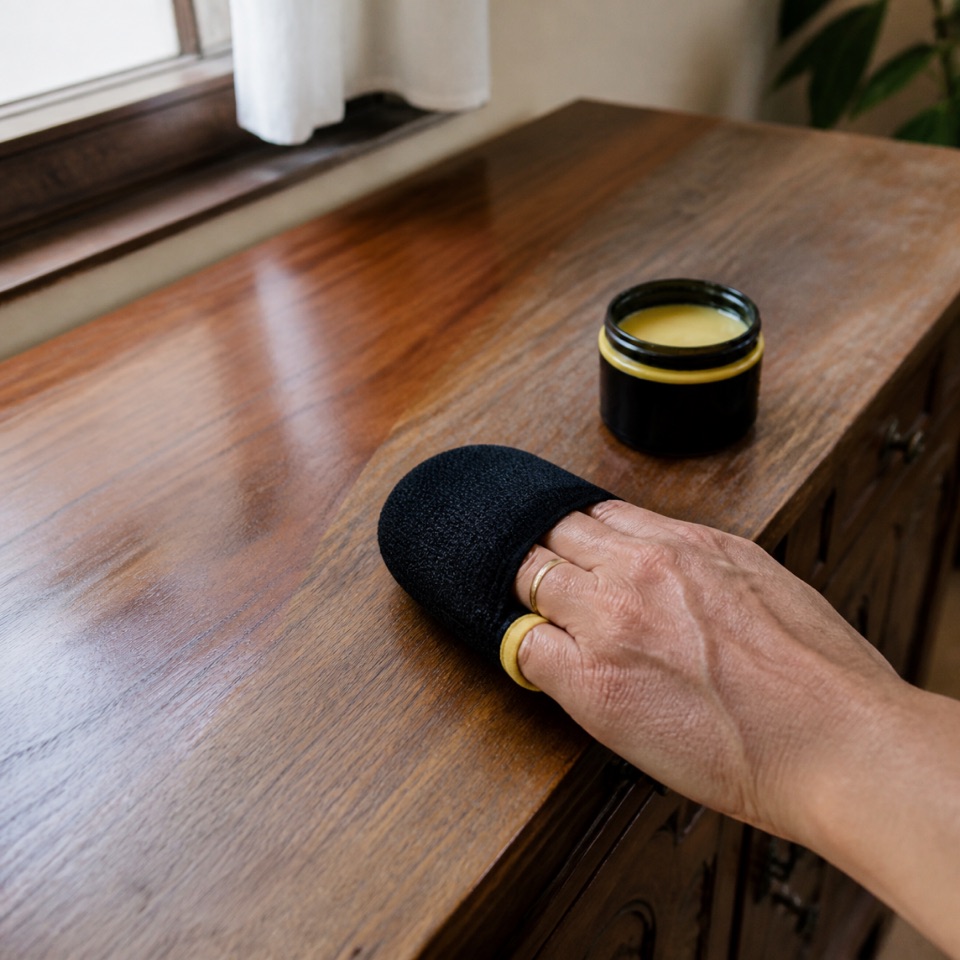 Una mano con el guante aplicador pasa la cera sobre un mueble de madera; al lado, el tarro de cera abierto