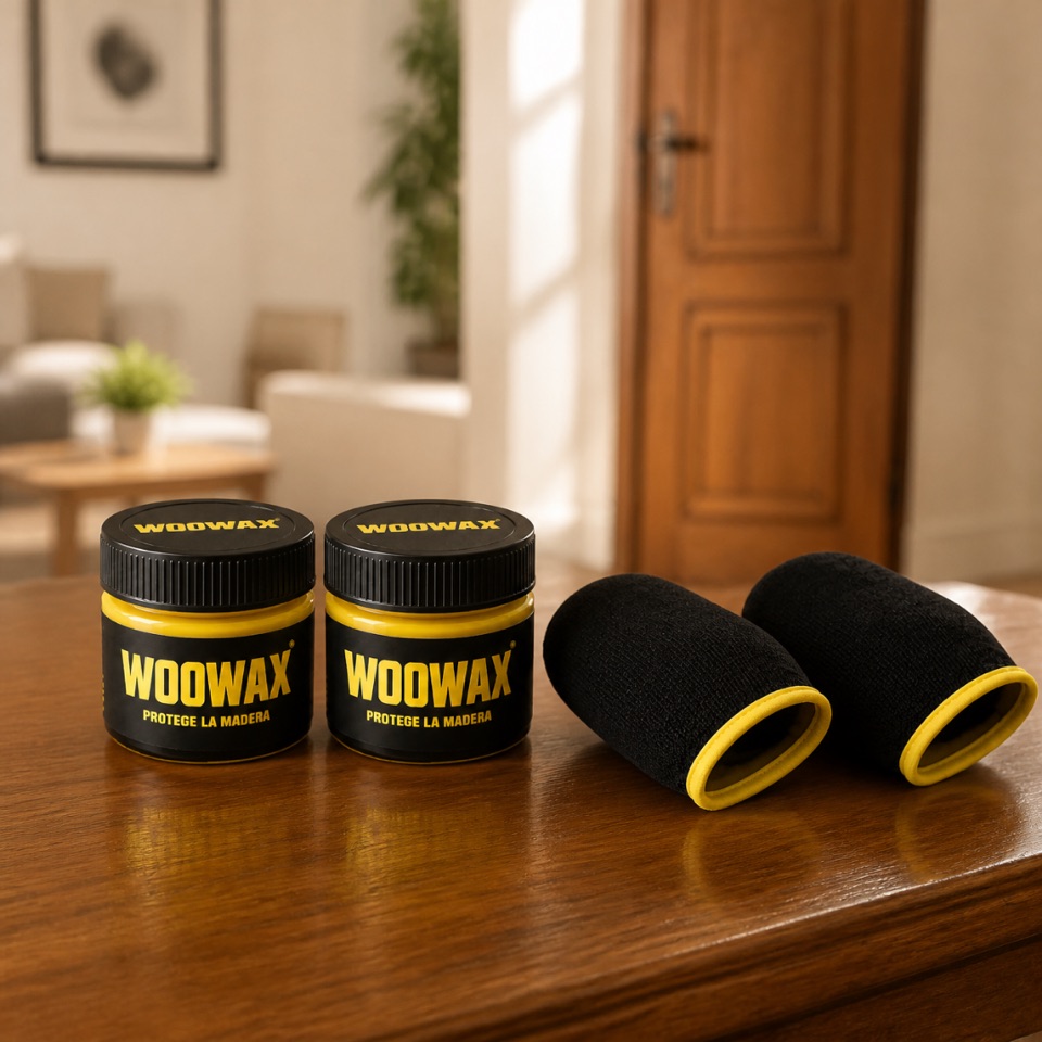 Pack de 2: dos tarros de cera restauradora y dos guantes aplicadores negros con borde amarillo sobre una mesa de madera