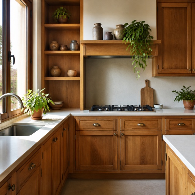 Cocina con muebles y estantes de madera