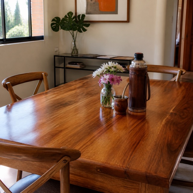 Mesa de comedor de madera con brillo, con flores y sillas